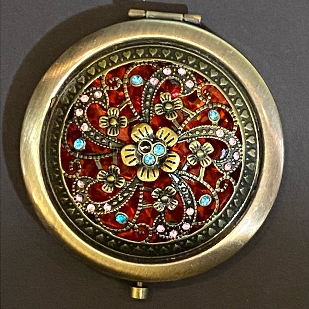 Antique Brass Floral Compact Mirror with Red Enamel & Blue Rhinestones